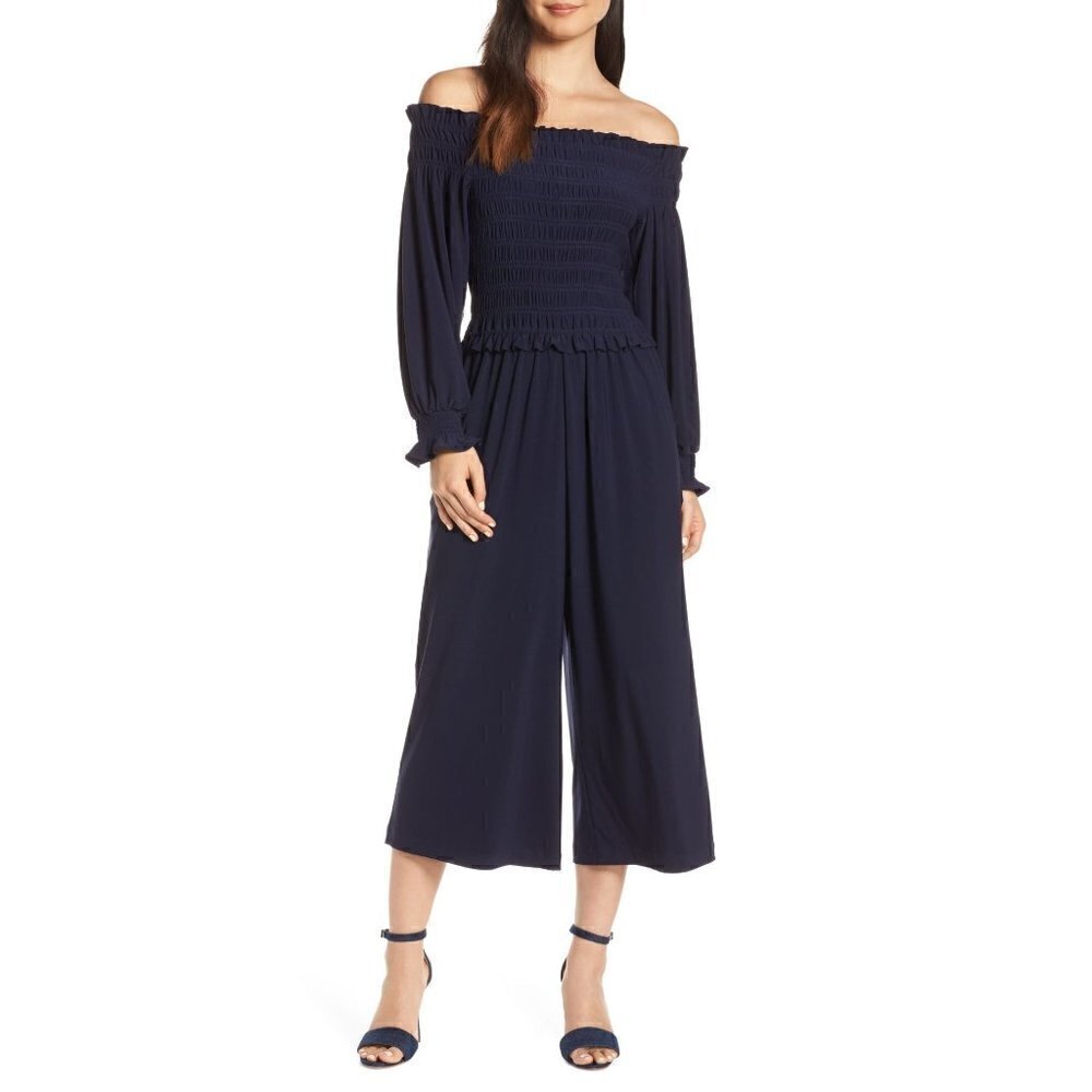 NWT Chelsea28 Size L Long Sleeve Off The Shoulder Smocked Jumpsuit in Blue